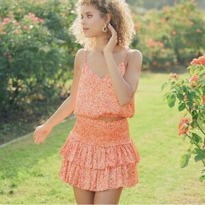 RESET BY JANE Jojo Skirt Top Set Orange Floral Smocked Ruffles Size Medium NEW